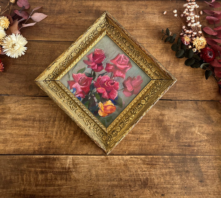 Peinture à l'huile roses sur fond gris cadre napoléon III