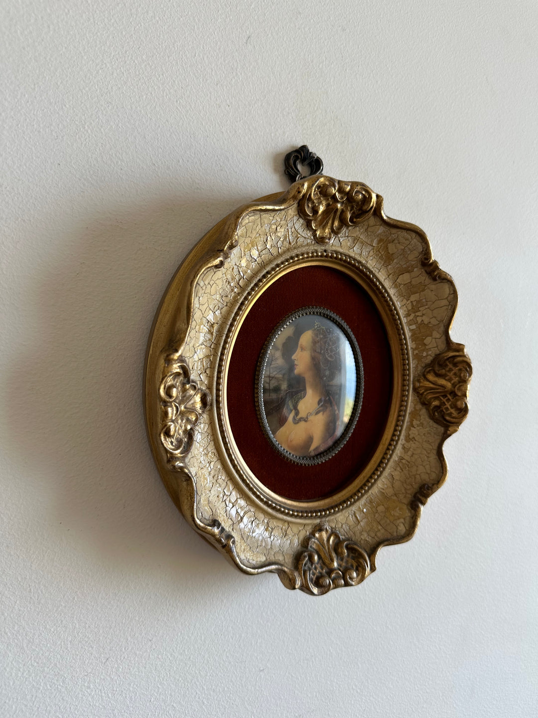 Médaillon sur velours marron glacé encadrement style baroque craquelé