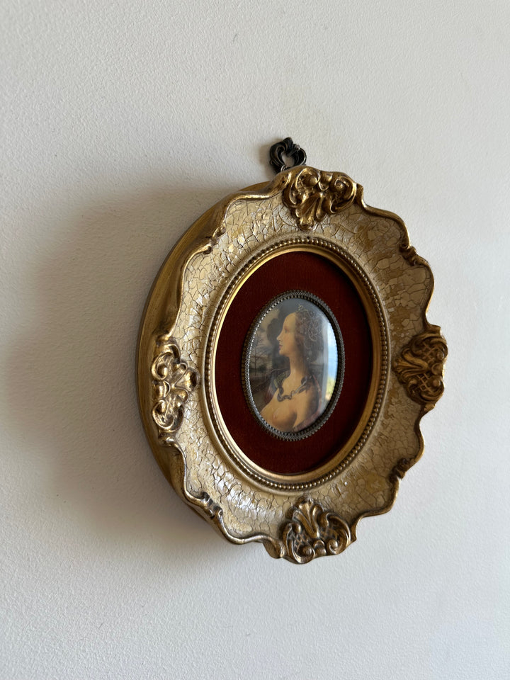 Médaillon sur velours marron glacé encadrement style baroque craquelé