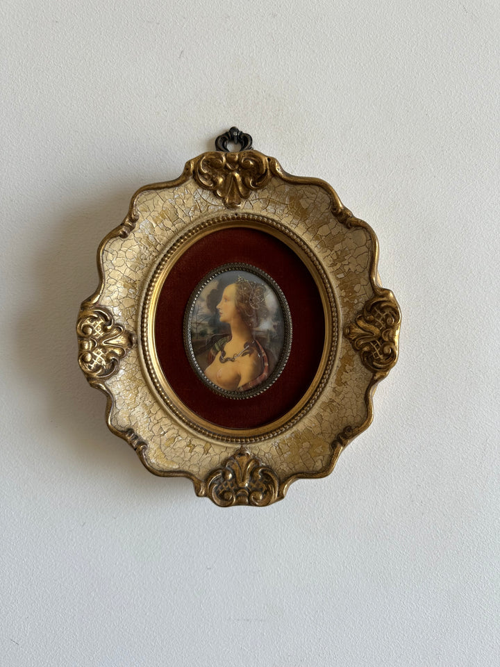 Médaillon sur velours marron glacé encadrement style baroque craquelé
