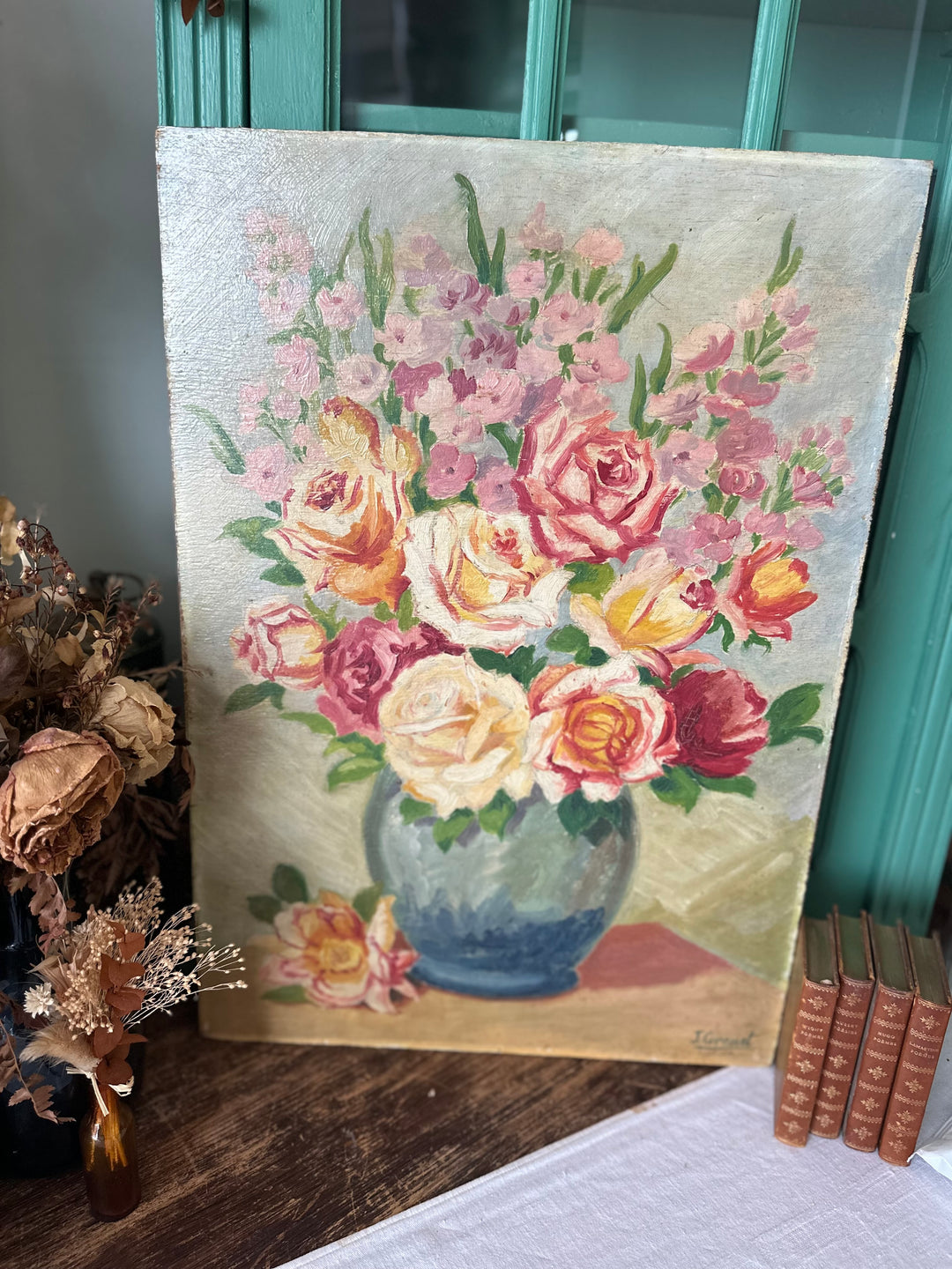 Peinture sur planche fleurs fond vert XL