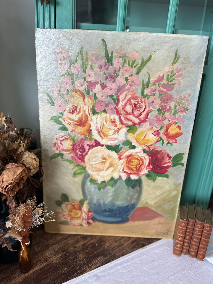 Peinture sur planche fleurs fond vert XL