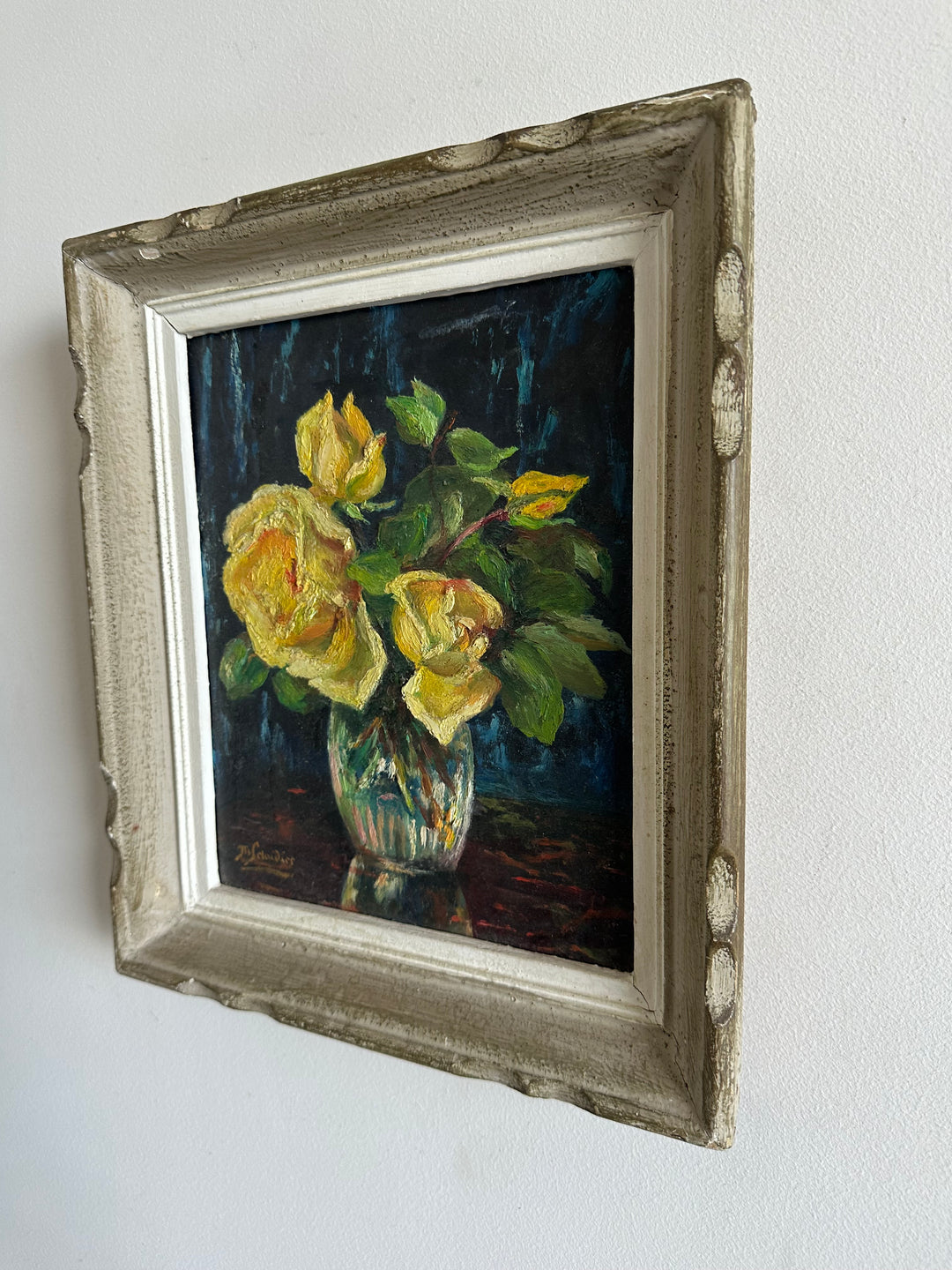 Peinture fleurs jaunes fond bleu nuit années 71