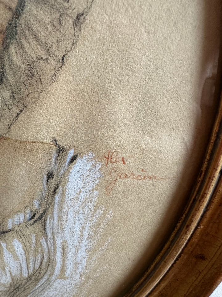 Dessin au fusain signé encadré bois doré ovale