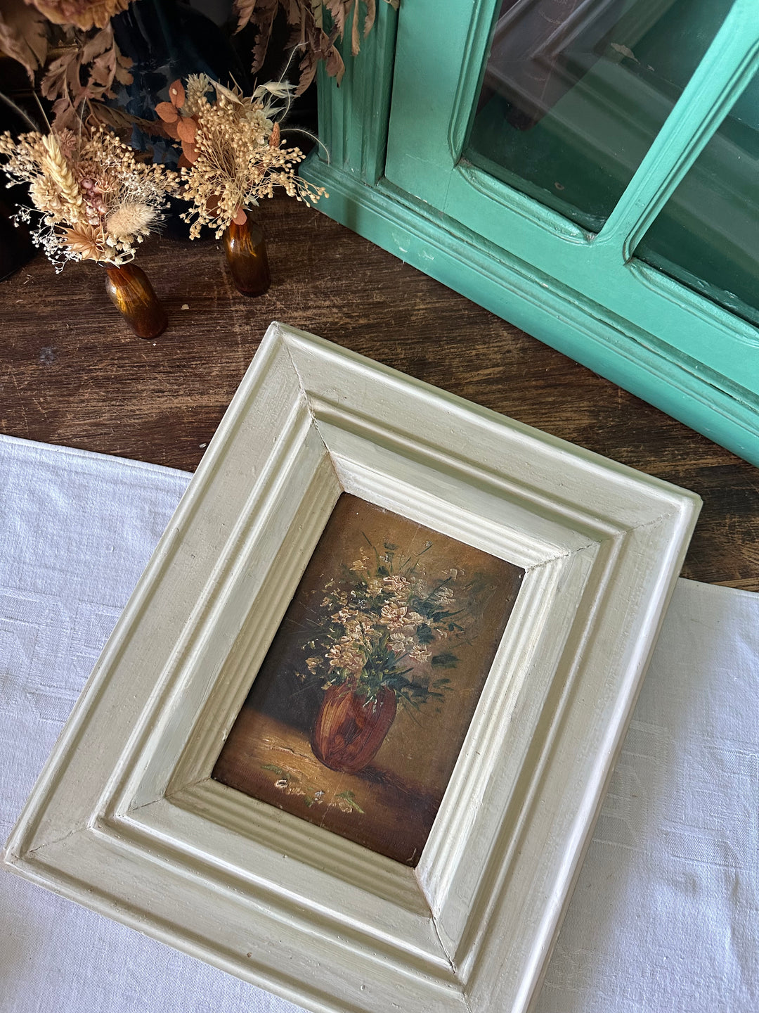 Peinture sur planche nuances marrons encadrement bois blanc épais