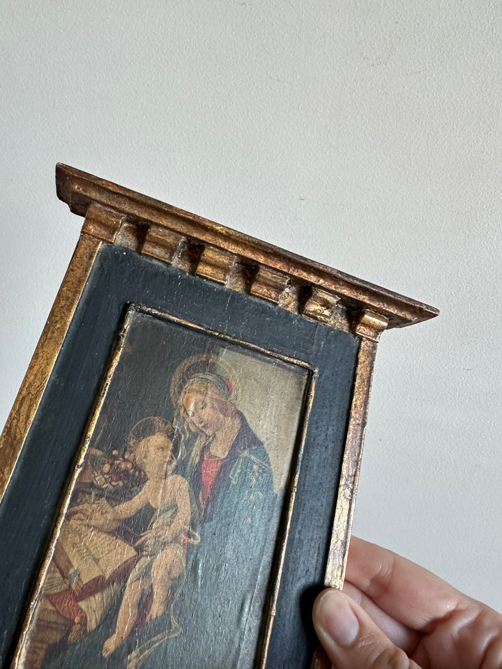 Icône en bois années 40 fond bleu nuit La Vierge et l'enfant