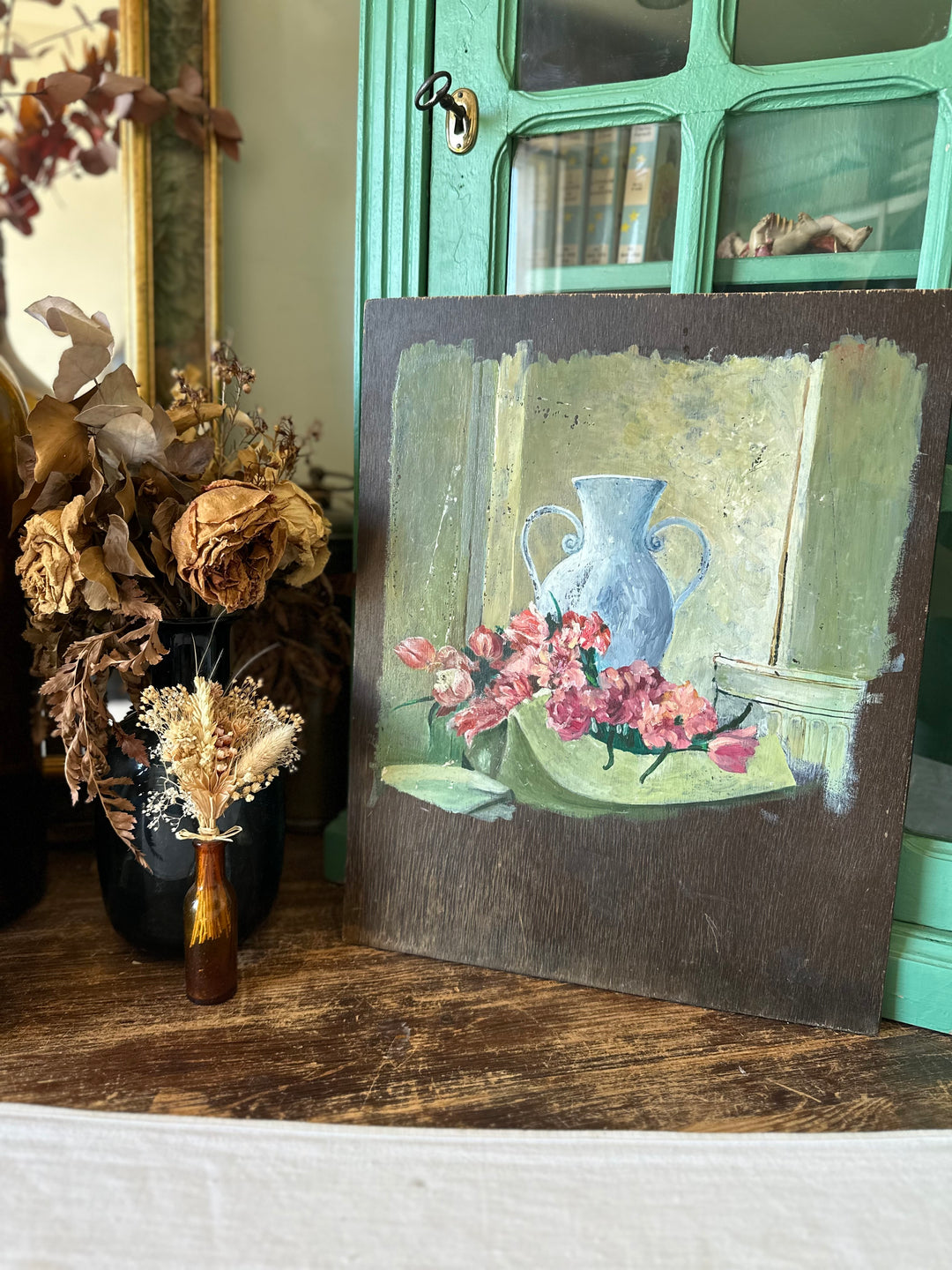Peinture sur bois effet inachevé années 50