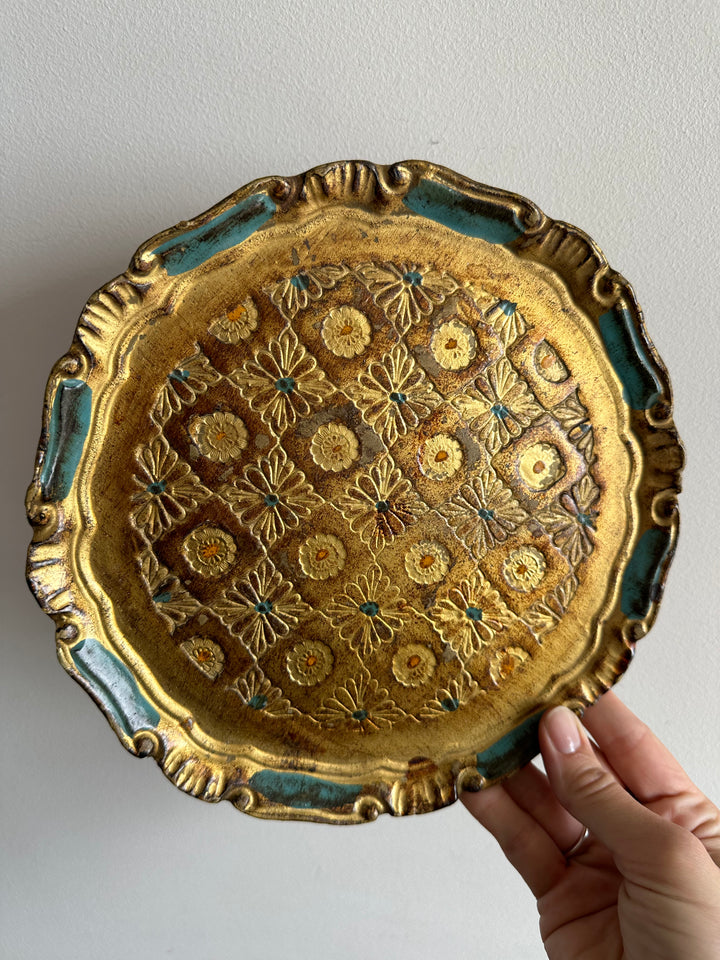 Plateau florentin ancien en bois rond bleu et or