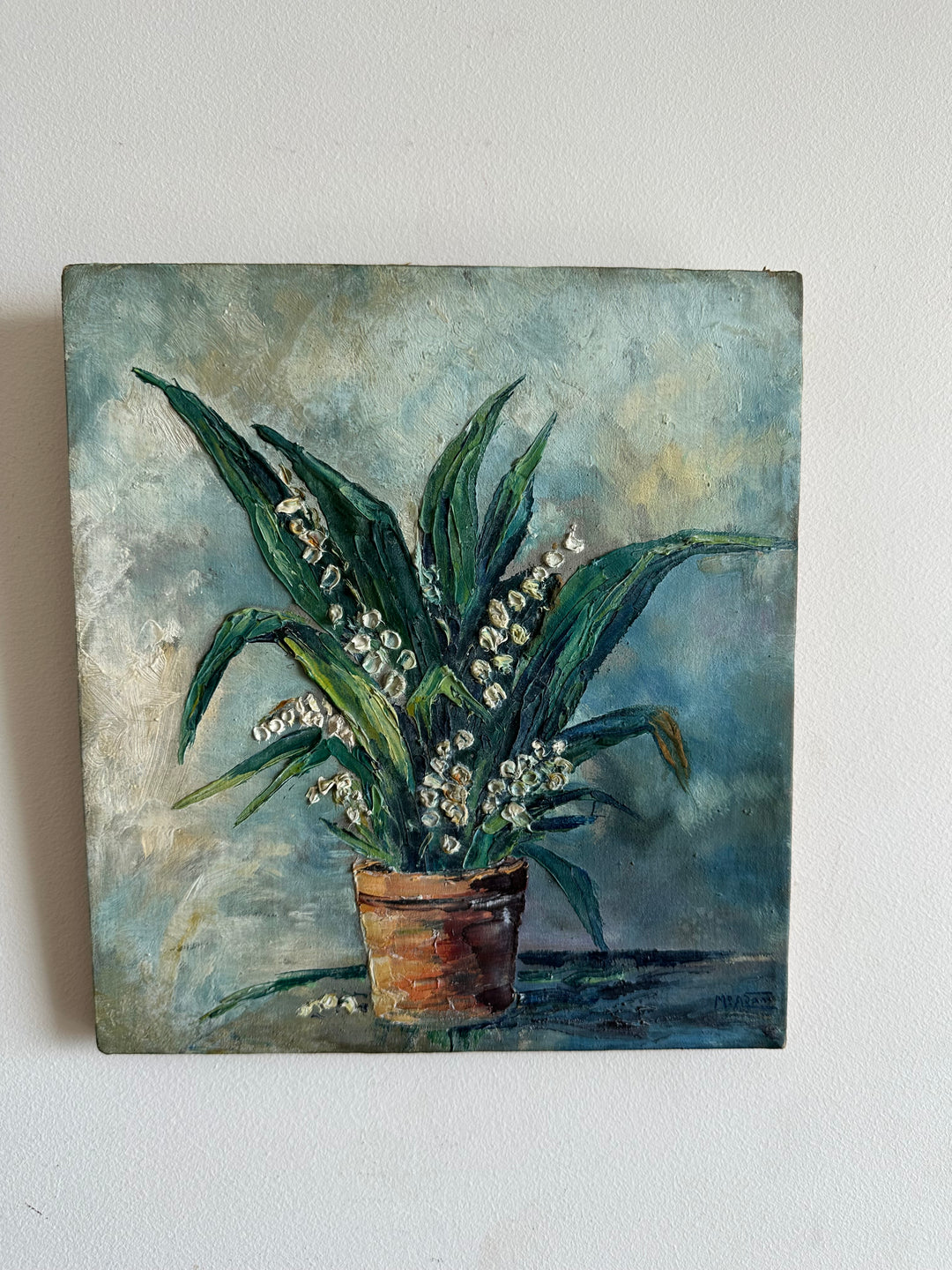 Peinture bouquet de muguet fond bleu ciel