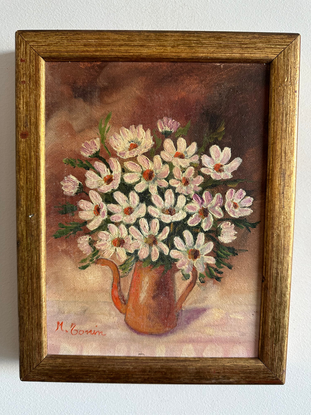 Peinture sur toile bouquet de marguerites signée 1983