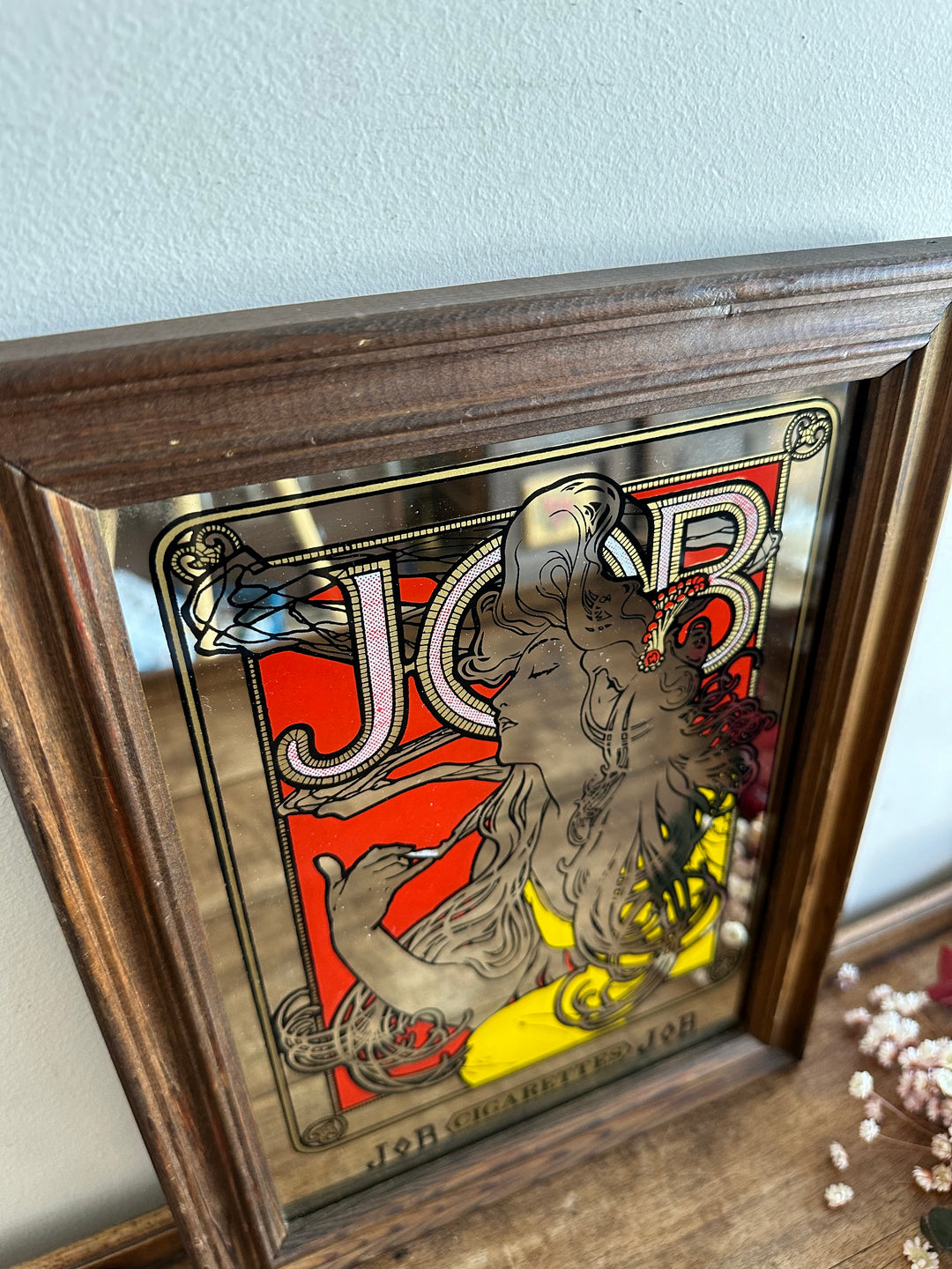 Miroir publicitaire Art Nouveau style Mucha Job cigarettes années 70.