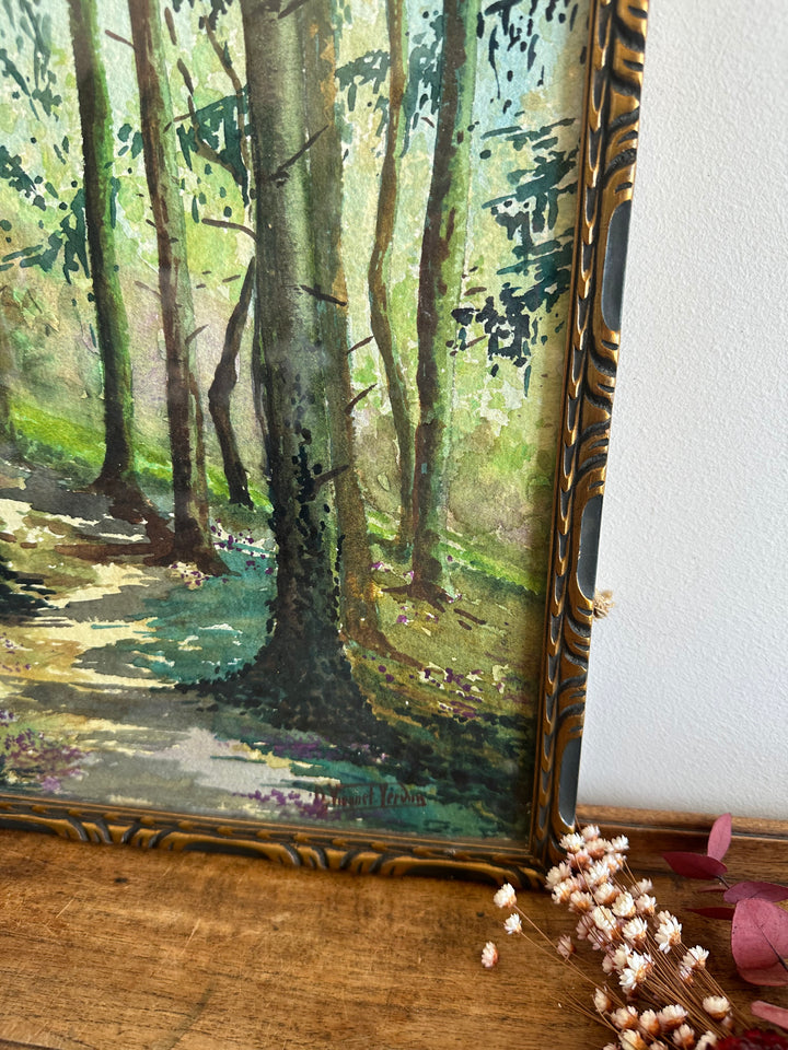 Aquarelle sous-bois signée année 1900