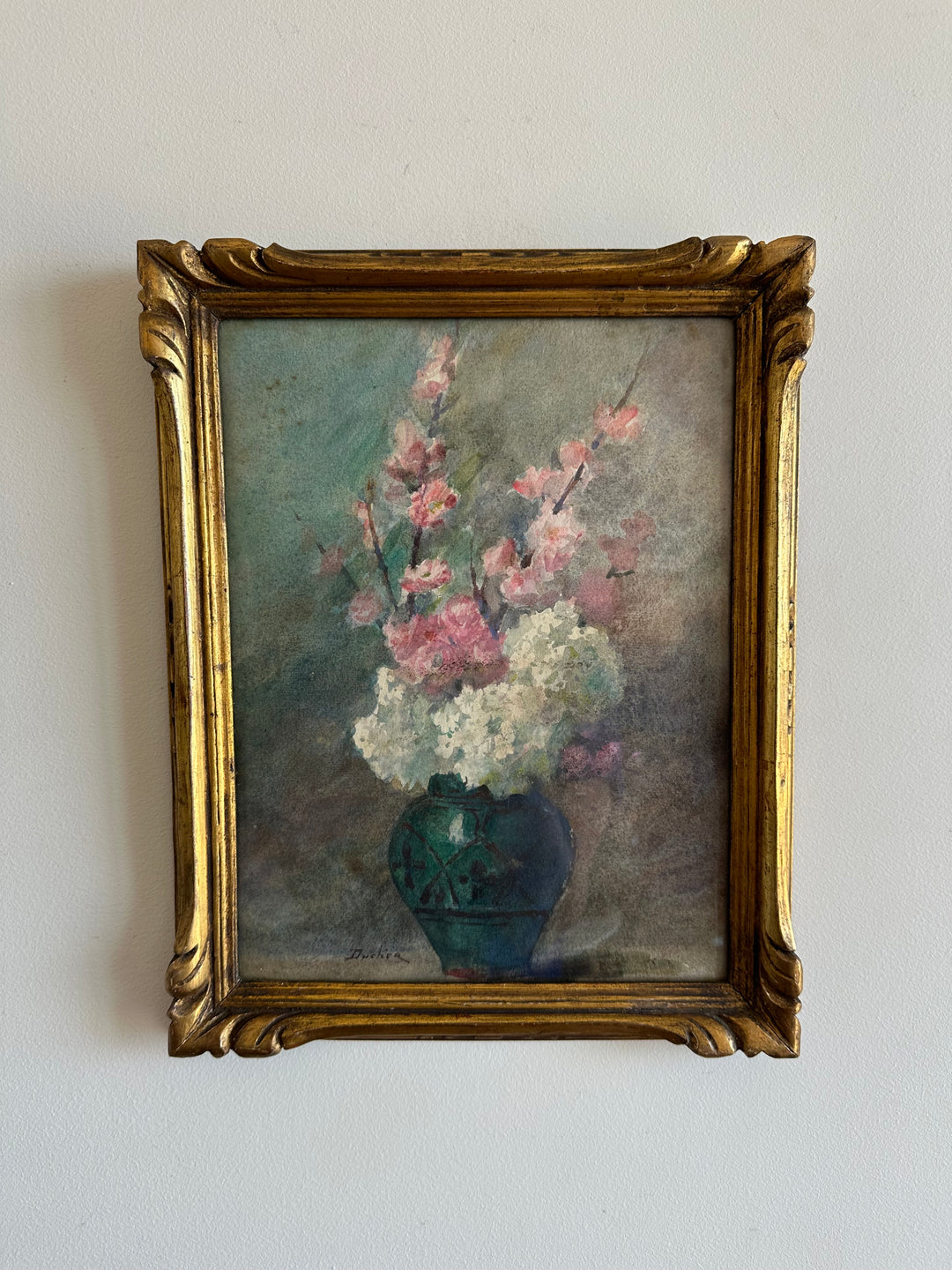 Aquarelle signée encadrement bouquet de fleurs roses et blanches années 30