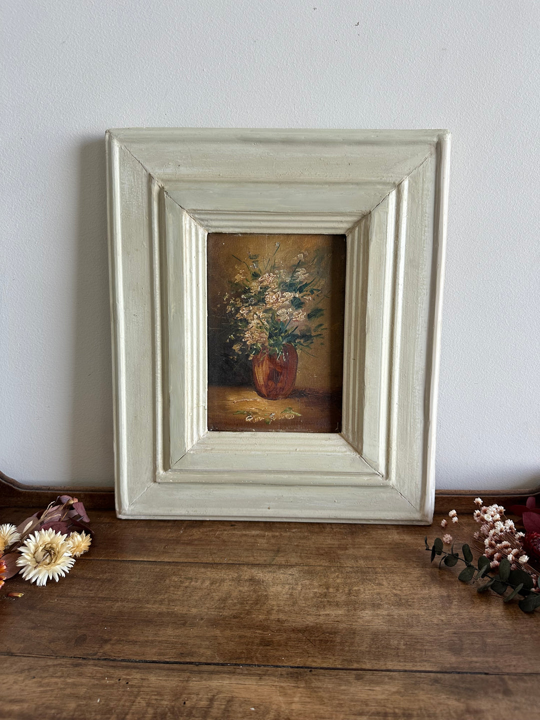 Peinture sur planche nuances marrons encadrement bois blanc épais