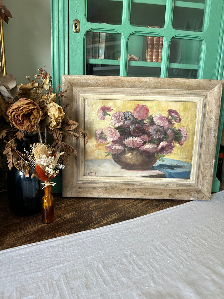 Peinture signée Gruner bouquet de fleurs mauves sur toile