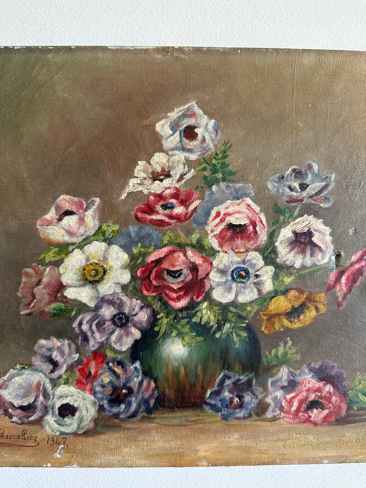 Peinture sur toile bouquet de fleurs signée 1947