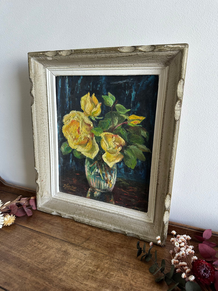 Peinture fleurs jaunes fond bleu nuit années 71