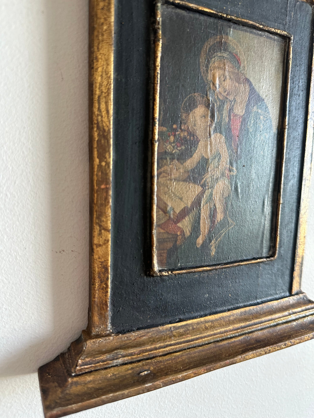 Icône en bois années 40 fond bleu nuit La Vierge et l'enfant