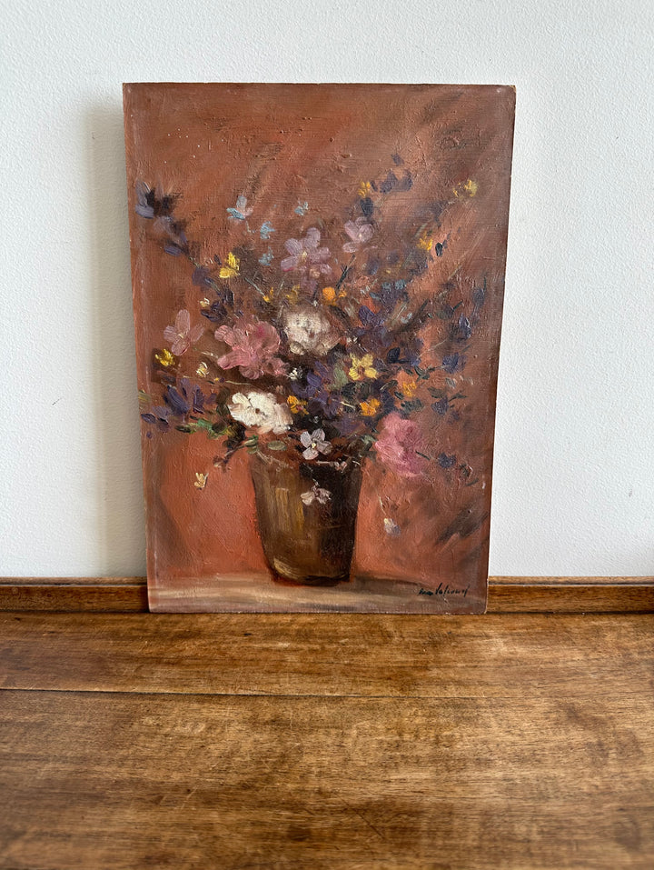 Peinture bouquet de fleurs multicolore sur fond vieux rose 1950