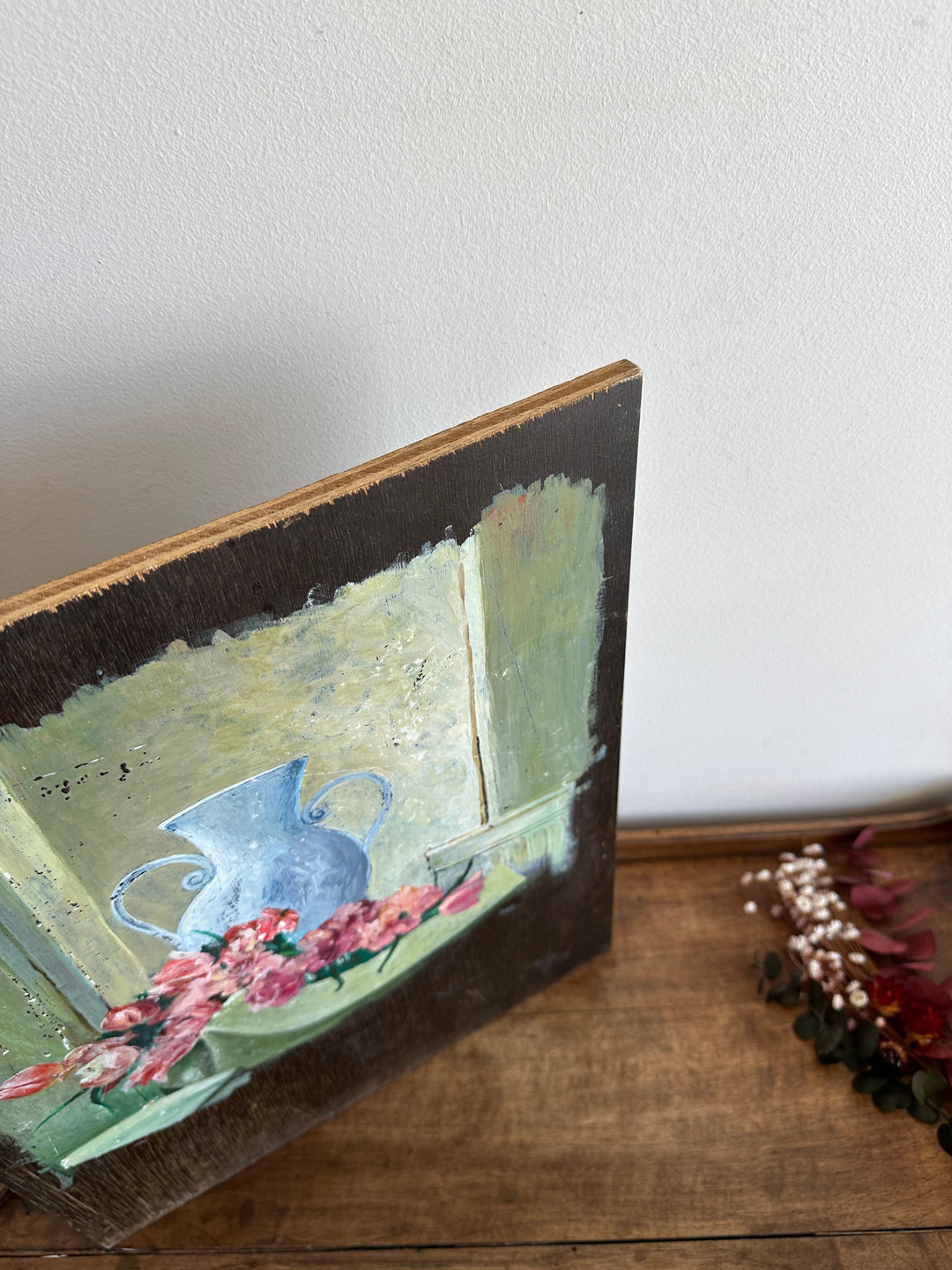 Peinture sur bois effet inachevé années 50