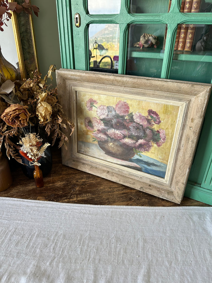 Peinture signée Gruner bouquet de fleurs mauves sur toile