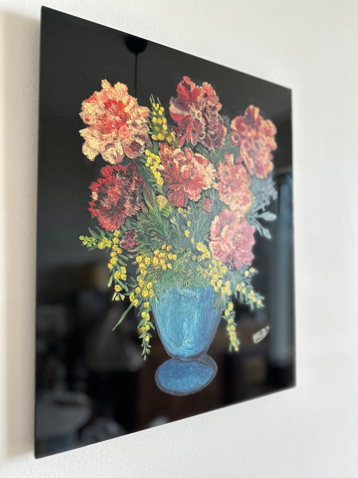 Peinture bouquet de fleurs signée sur plaque de céramique vitrée noire