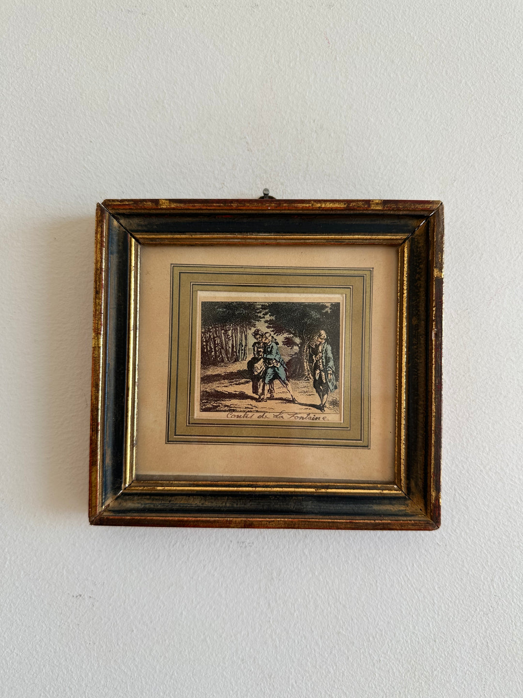 Gravures anciennes dans cadres en bois bleu nuit et or