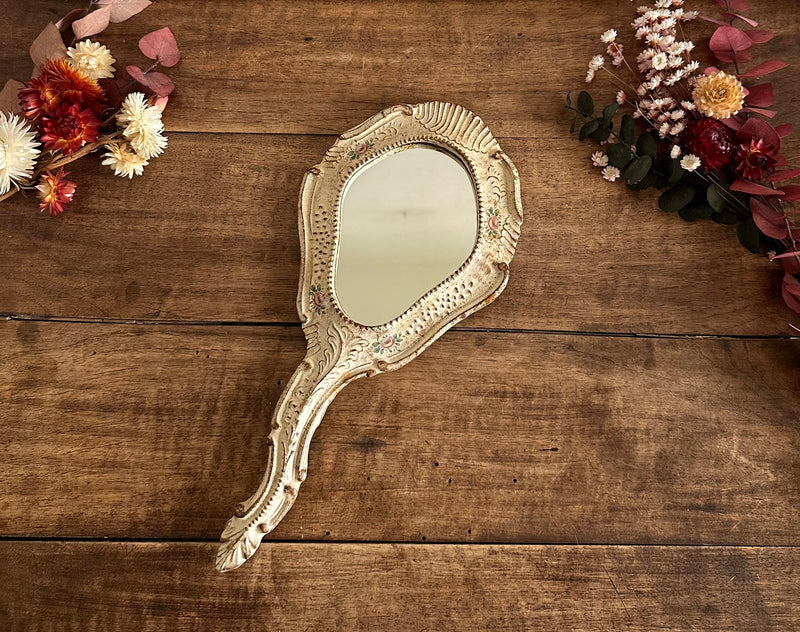 Miroir à main florentin crème décorations florales