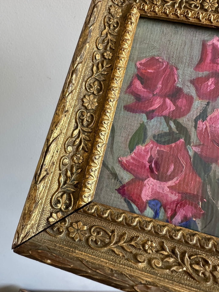 Peinture à l'huile roses sur fond gris cadre napoléon III