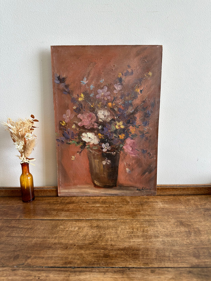 Peinture bouquet de fleurs multicolore sur fond vieux rose 1950
