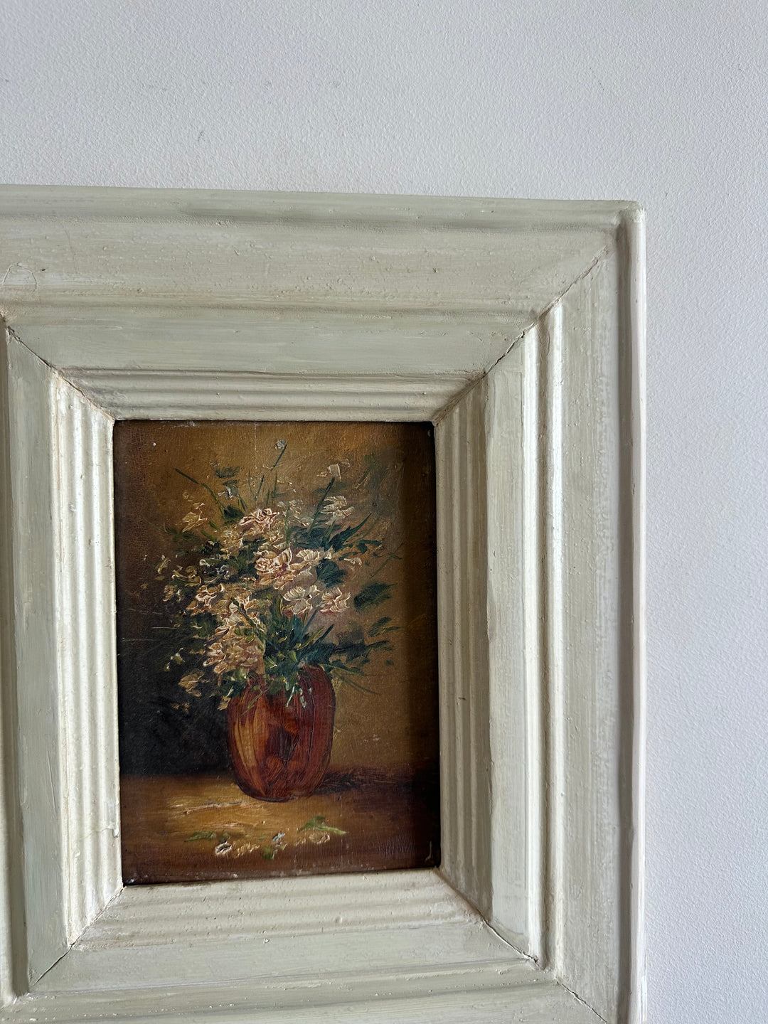 Peinture sur planche nuances marrons encadrement bois blanc épais