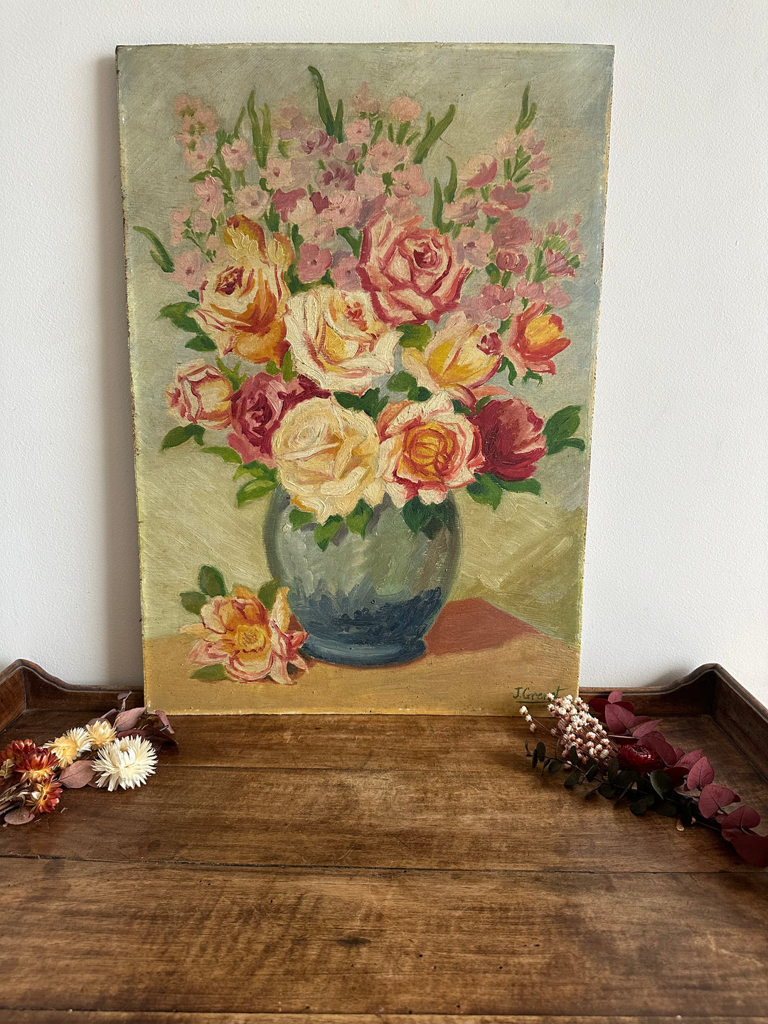 Peinture sur planche fleurs fond vert XL