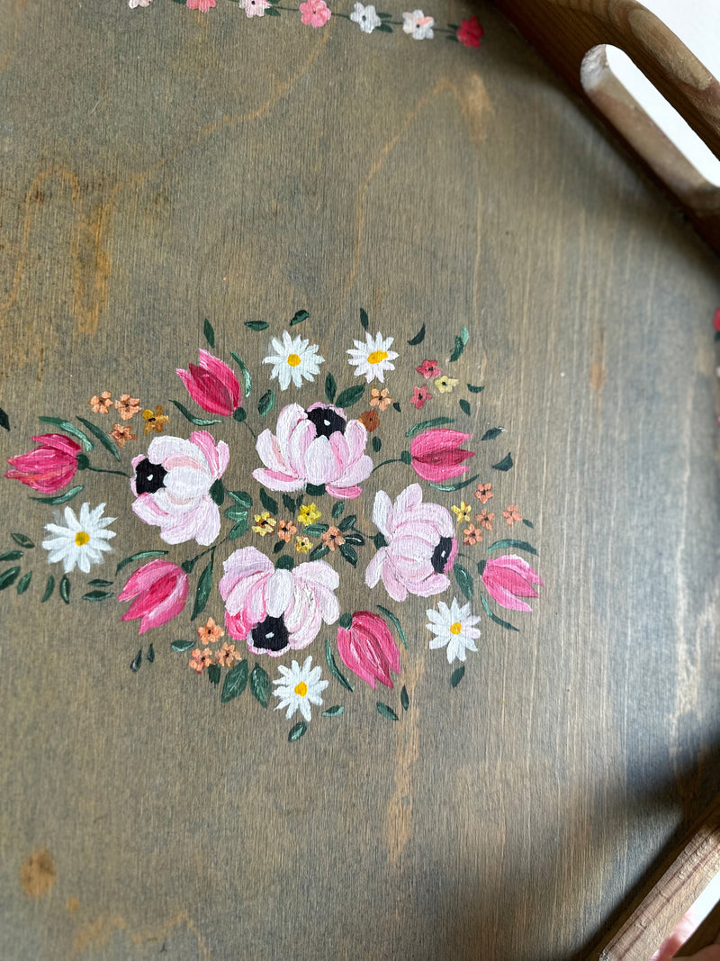 Plateau en bois octogonal peint à la main déco fleurie