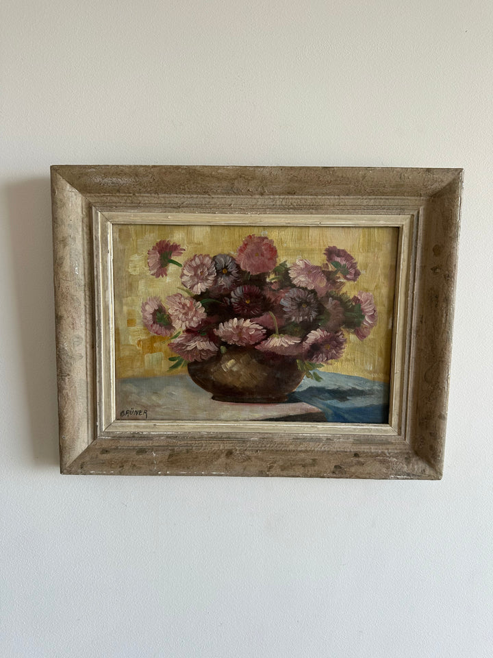 Peinture signée Gruner bouquet de fleurs mauves sur toile