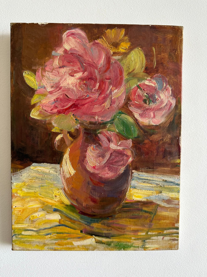 Bouquet de fleurs peint sur toile années 50