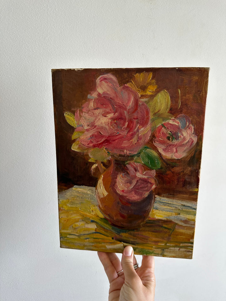 Bouquet de fleurs peint sur toile années 50