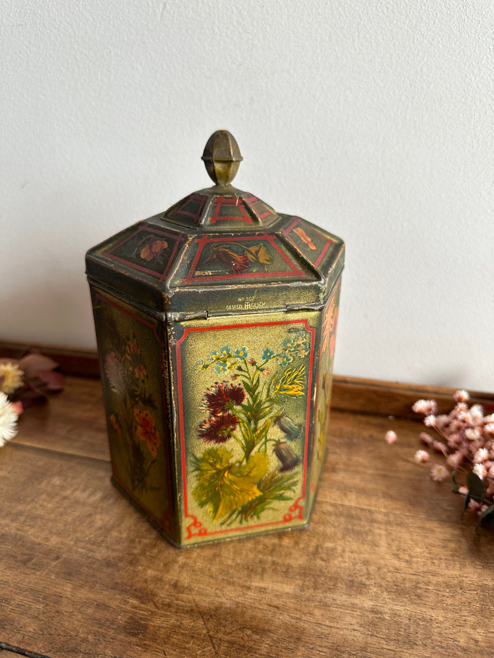 Boite en métal très ancienne motifs fleuris