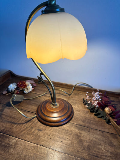 Lampe en laiton et bois globe tulipe couleur pêche poudrée