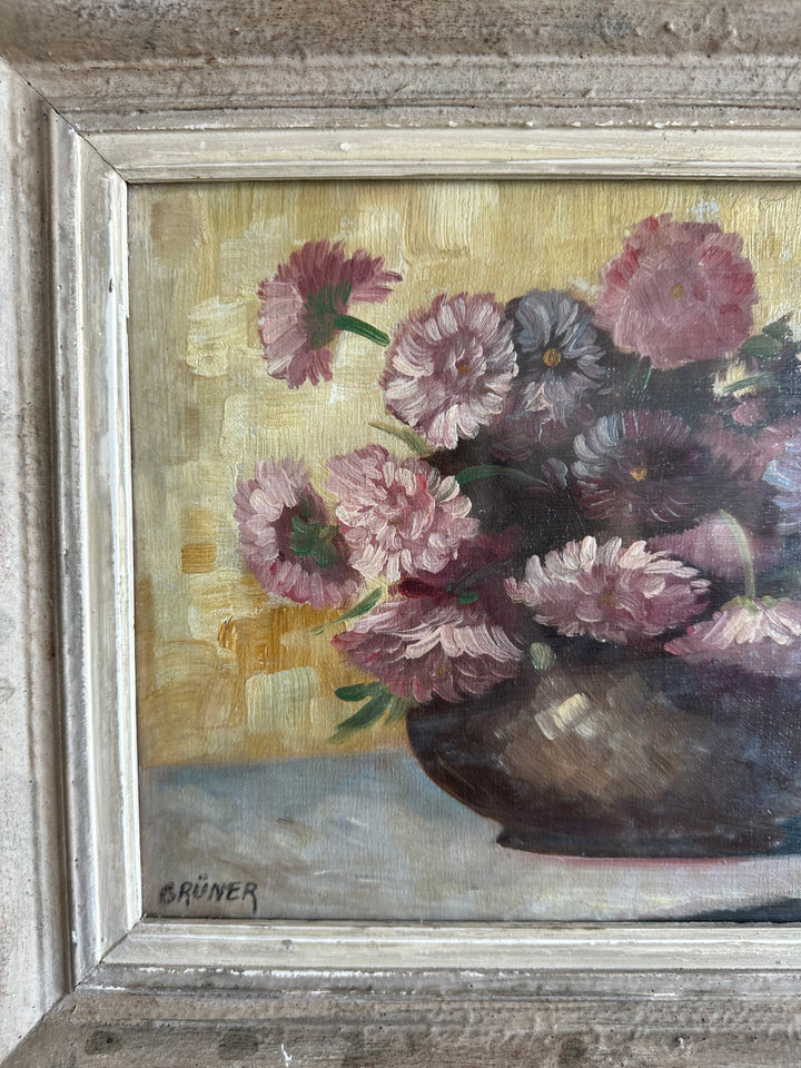Peinture signée Gruner bouquet de fleurs mauves sur toile