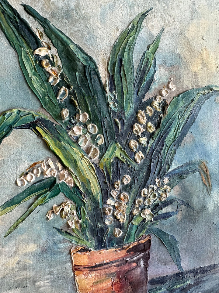 Peinture bouquet de muguet fond bleu ciel
