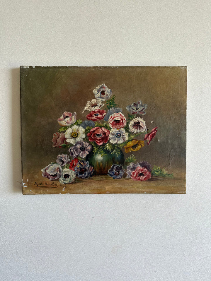 Peinture sur toile bouquet de fleurs signée 1947