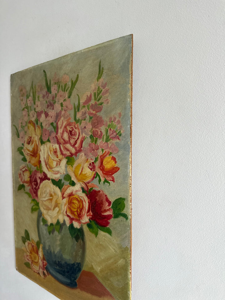 Peinture sur planche fleurs fond vert XL