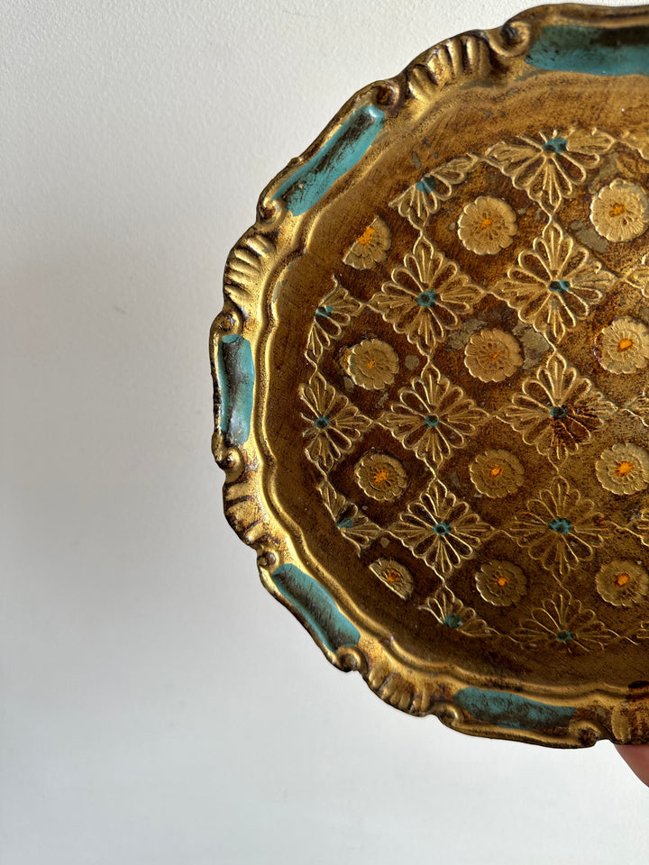 Plateau florentin ancien en bois rond bleu et or