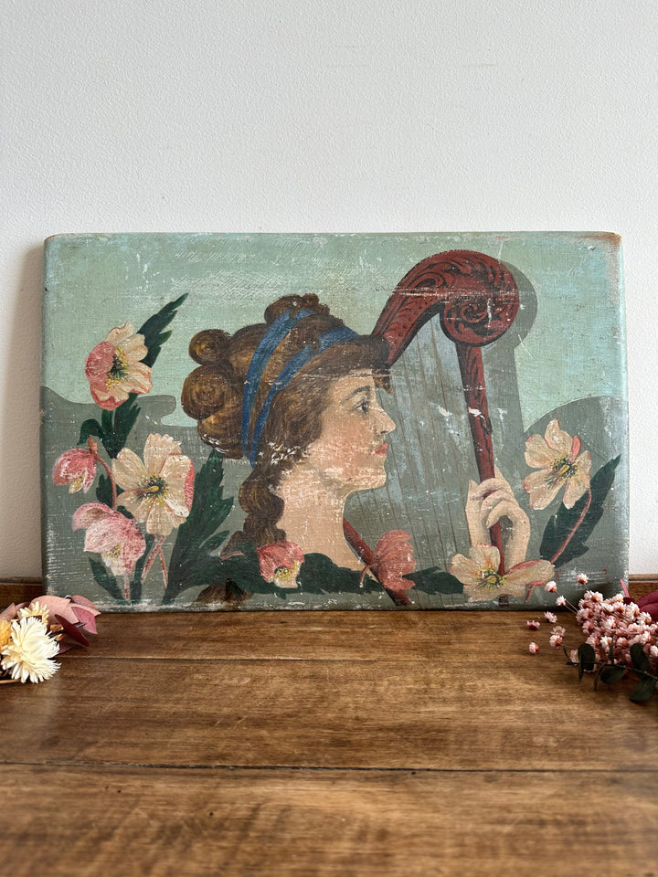 Peinture sur bois jeune fille à la harpe 1910