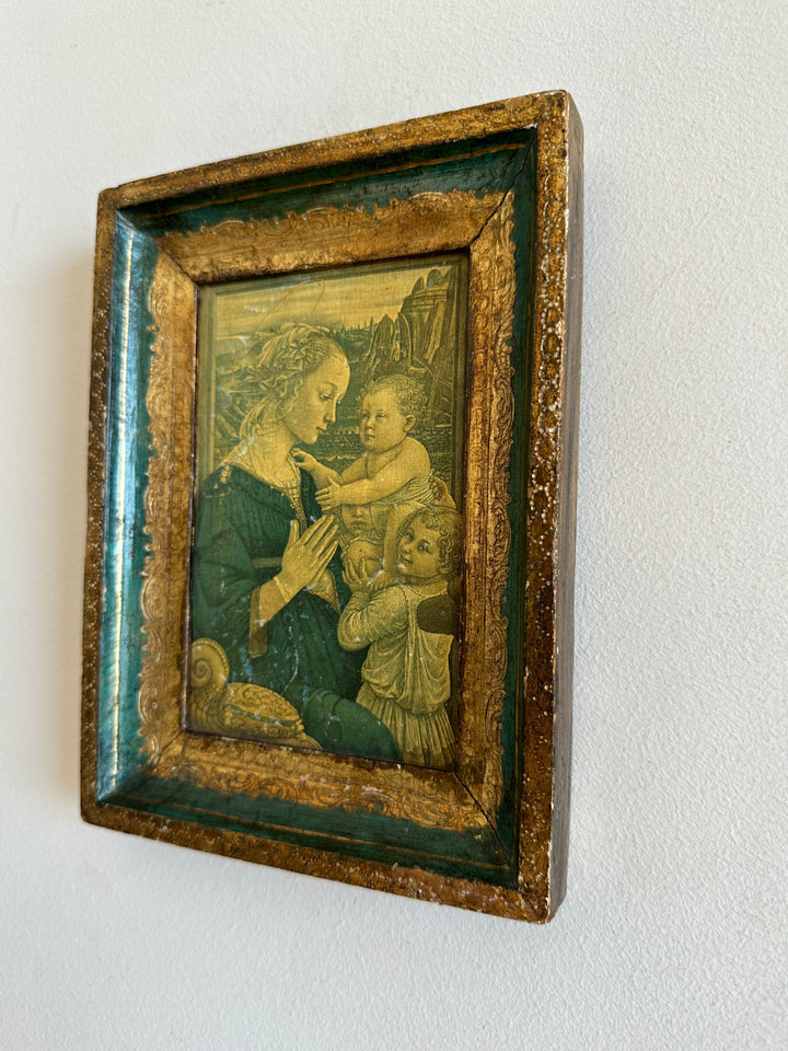 Icône florentine dorée et verte représentant la vierge