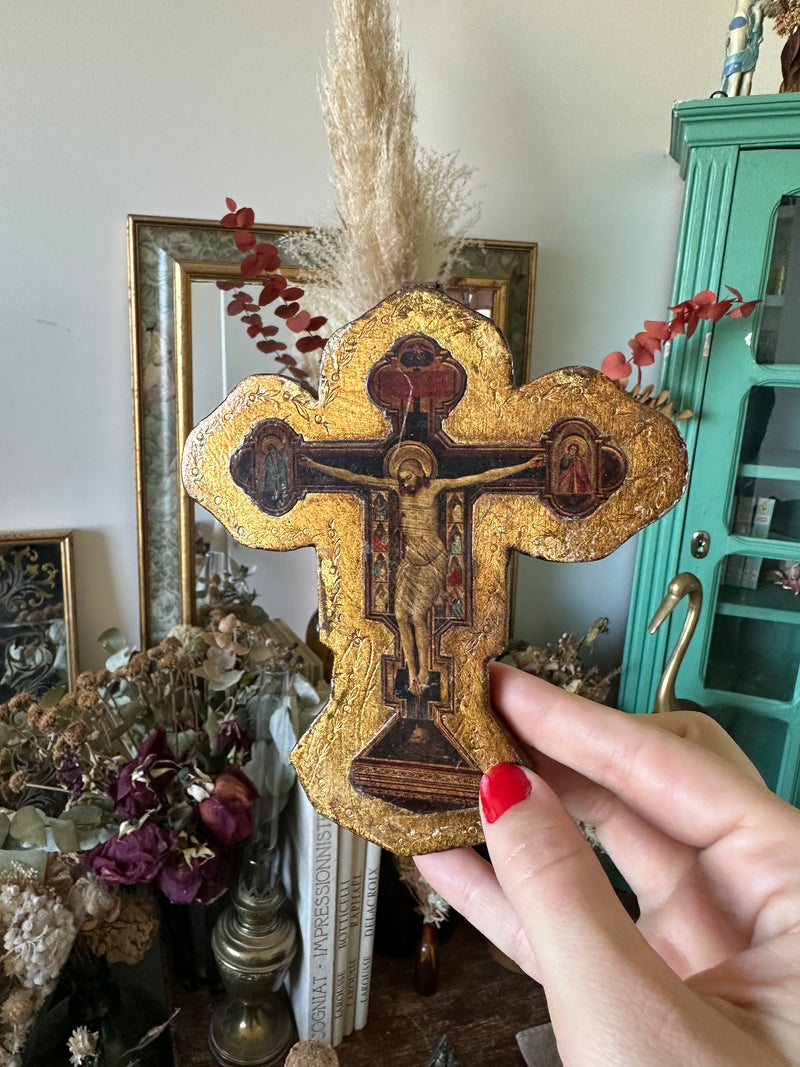 Icône crucifix en bois doré 1950