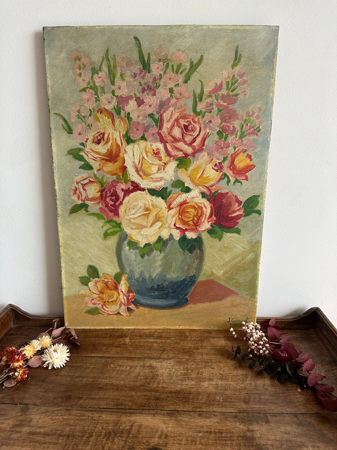 Peinture sur planche fleurs fond vert XL
