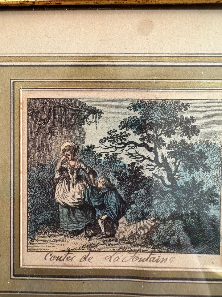 Gravures anciennes dans cadres en bois bleu nuit et or