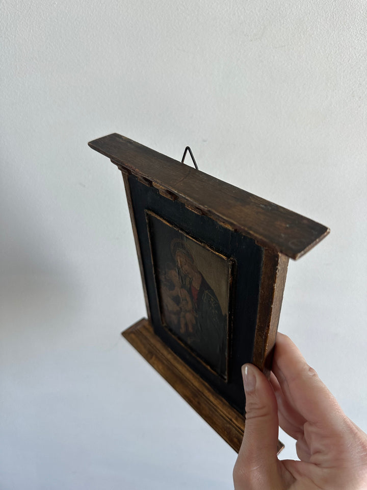 Icône en bois années 40 fond bleu nuit La Vierge et l'enfant