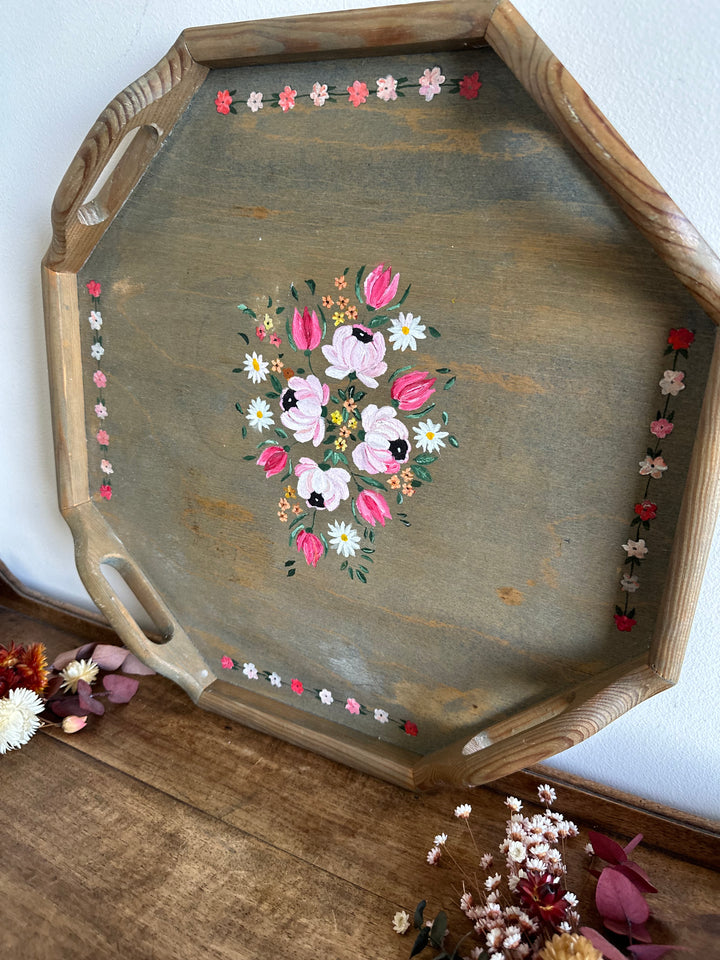 Plateau en bois octogonal peint à la main déco fleurie